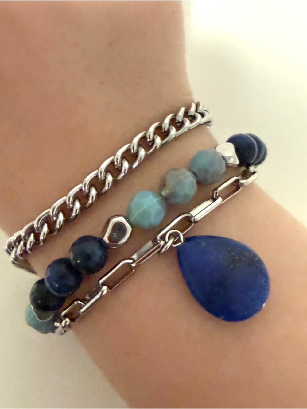 Silver Chain & Blue Stone Multi-Strand Bracelet